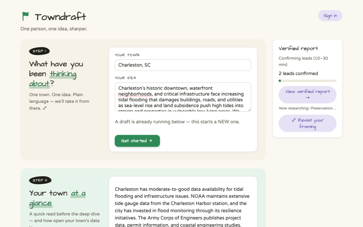 Towndraft interface showing staged progress and a verified report